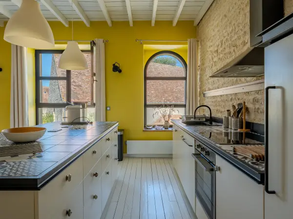 Cuisine avec mur jaune et mur en pierre, ouverte sur la cour par deux fenêtres.