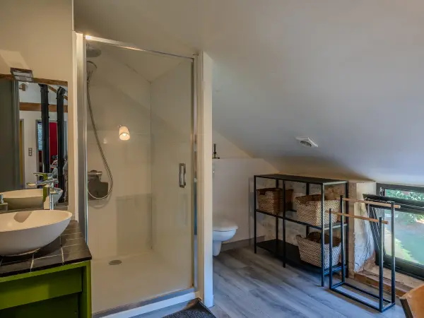 Salle de bains sous combles avec douche vitrée.