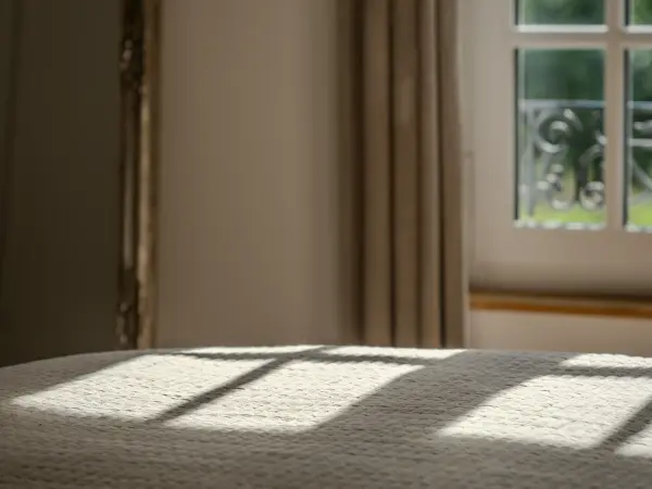 Chambre, lumière filtrée par fenêtre à petits carreaux.
