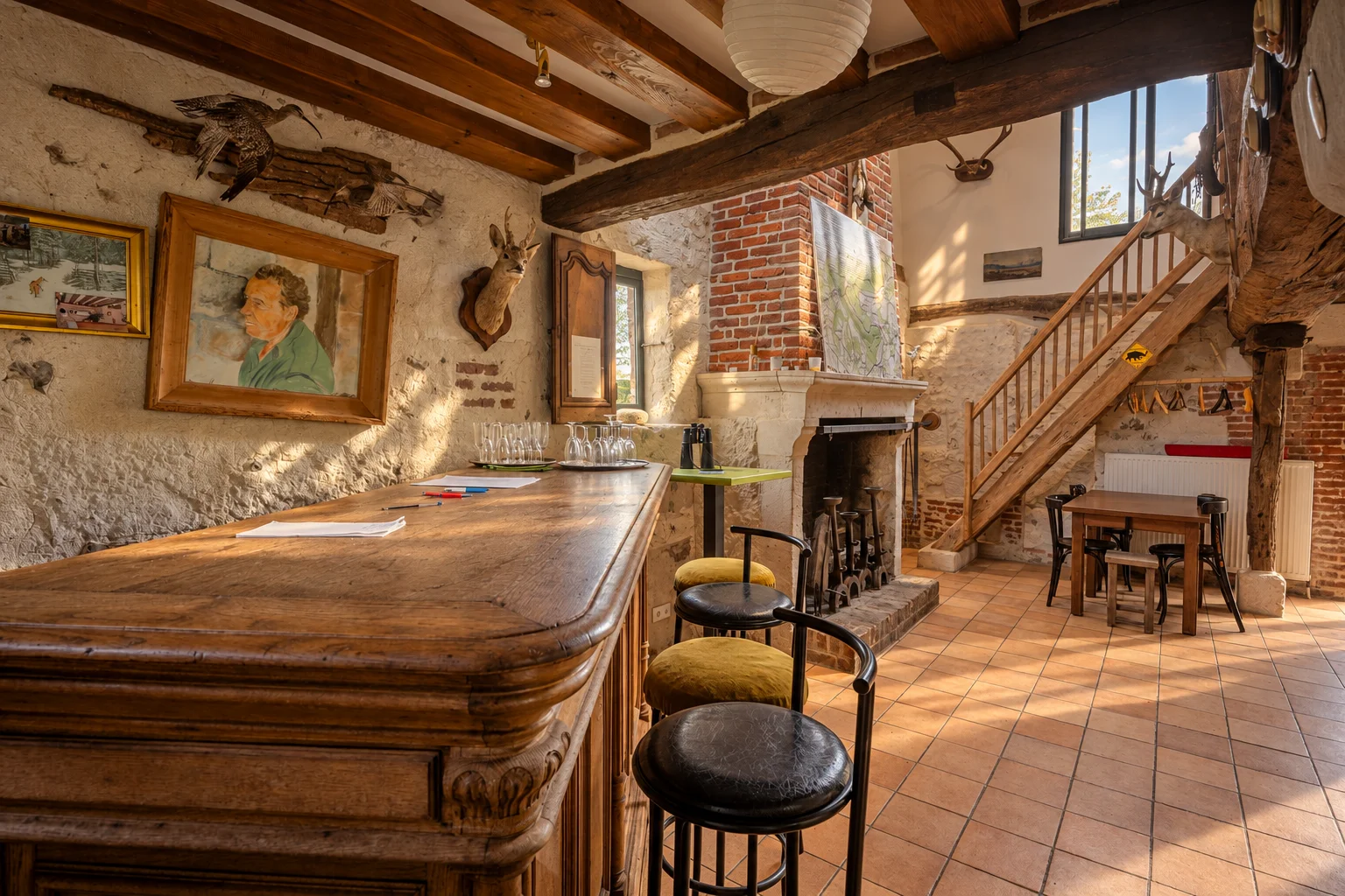 Salon-salle à manger avec bar et cheminée, mezzanine à l'étage.
