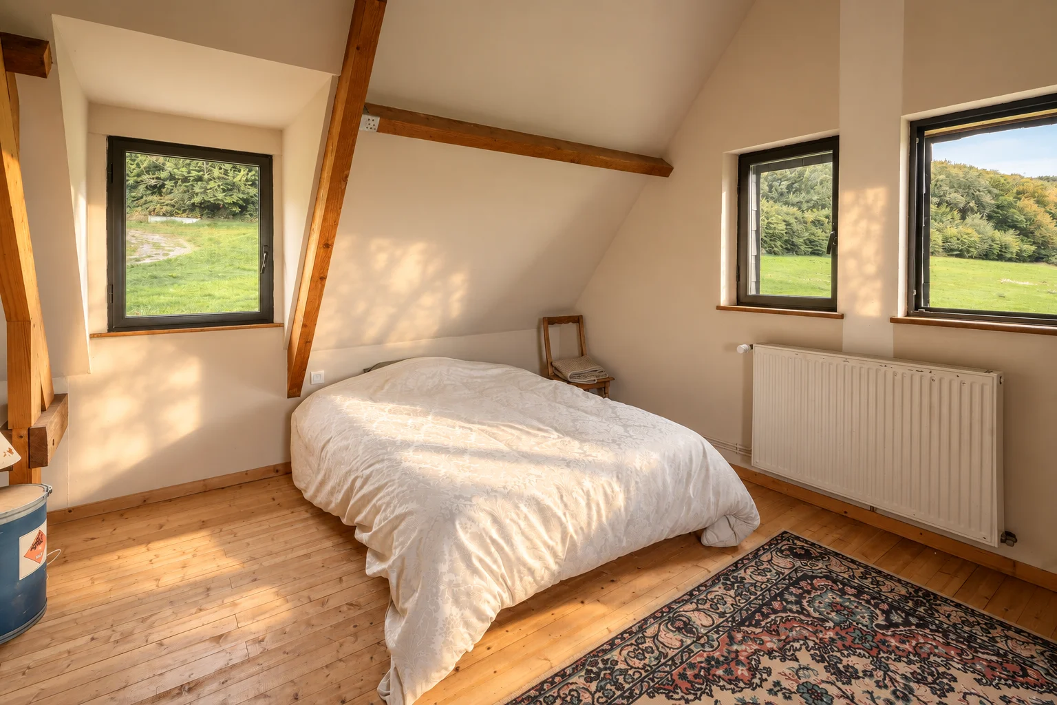 Chambre principale sous charpente, vue sur la campagne.