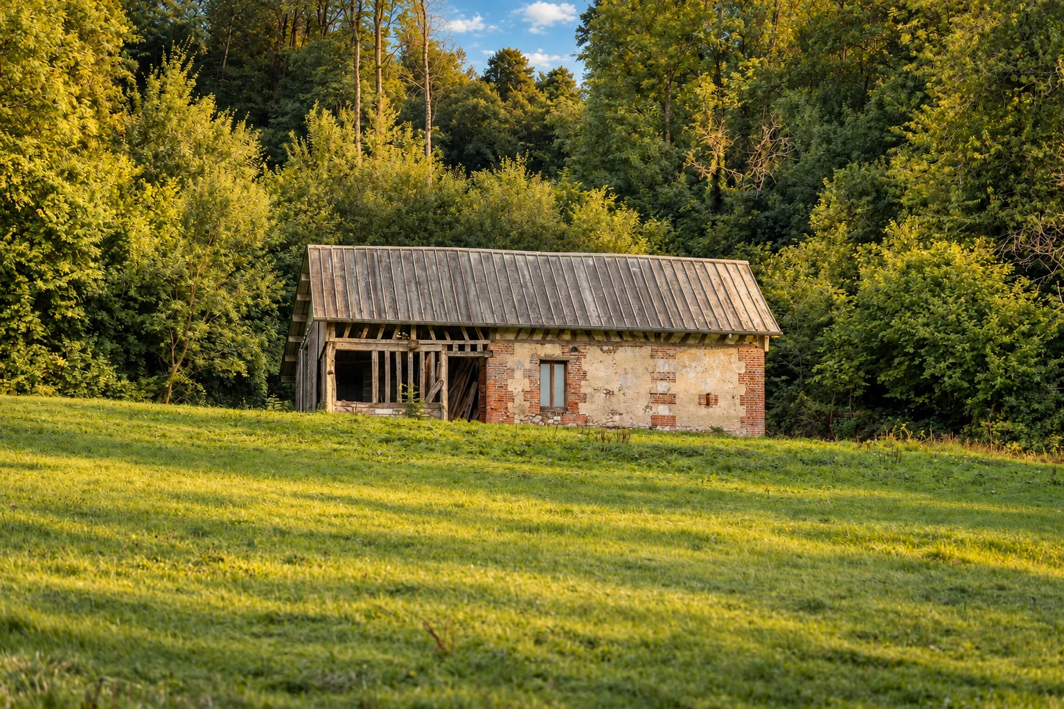 Petite dépendance ouverte à charpente de bois apparente.