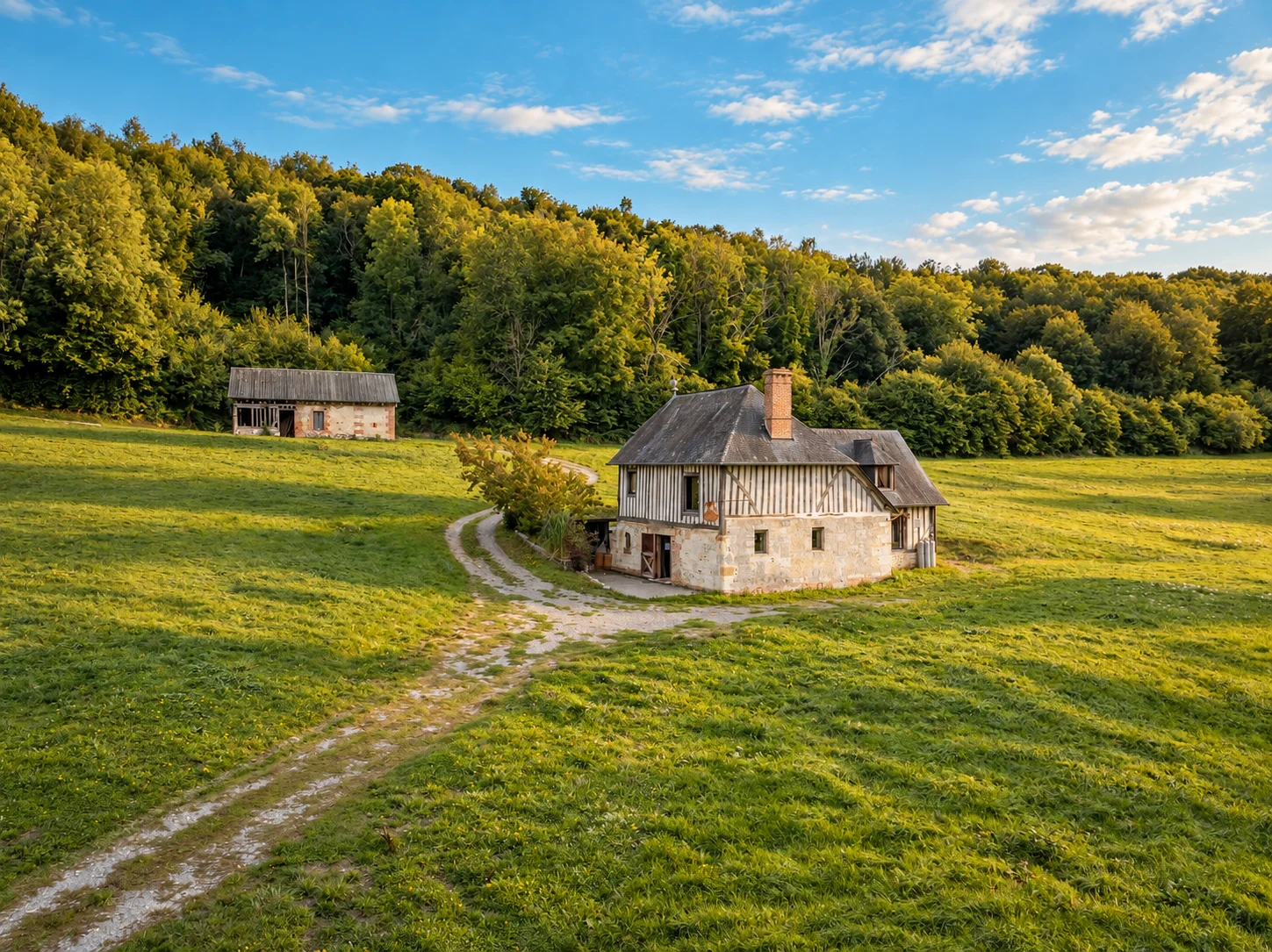 Vue aérienne de la maison et de sa dépendance au milieu des prairies.