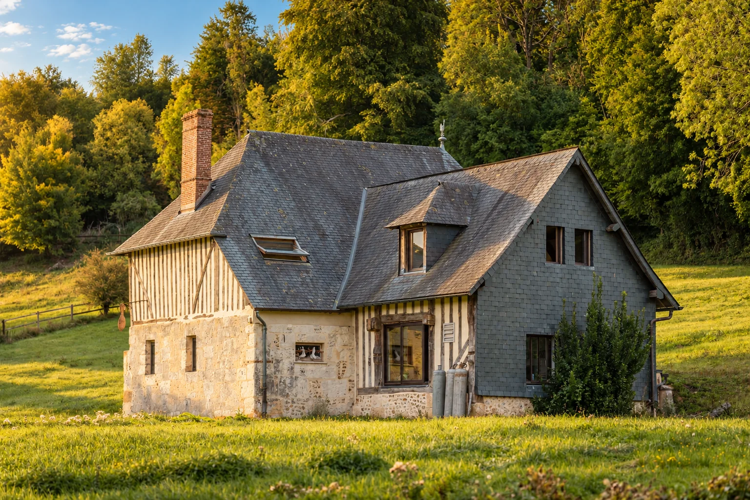 Vue d'angle de la maison, toiture en ardoise et façade à pans de bois.