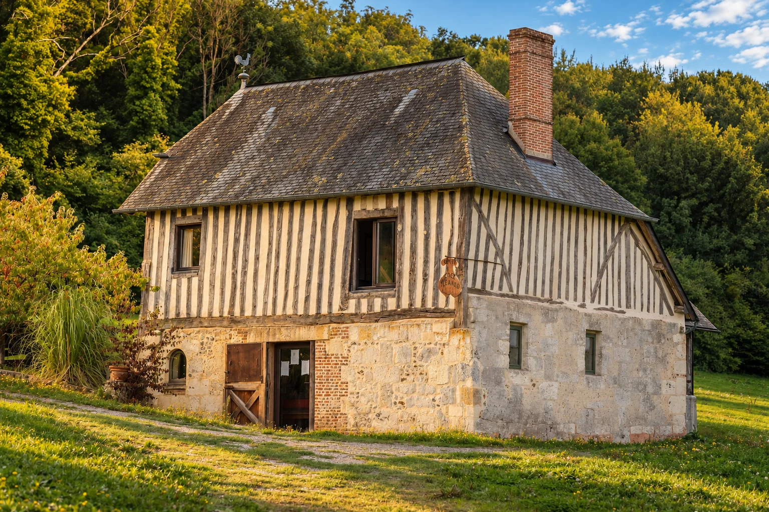 Maison principale à façade de pans de bois et soubassement en pierre, toiture en ardoise.