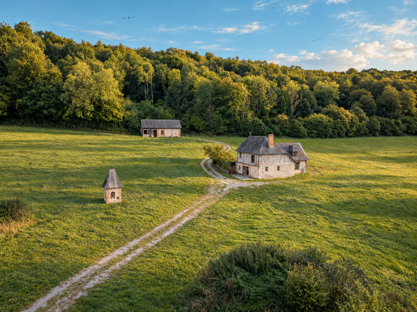 Vue aérienne du domaine avec maison, dépendance et petit édicule.