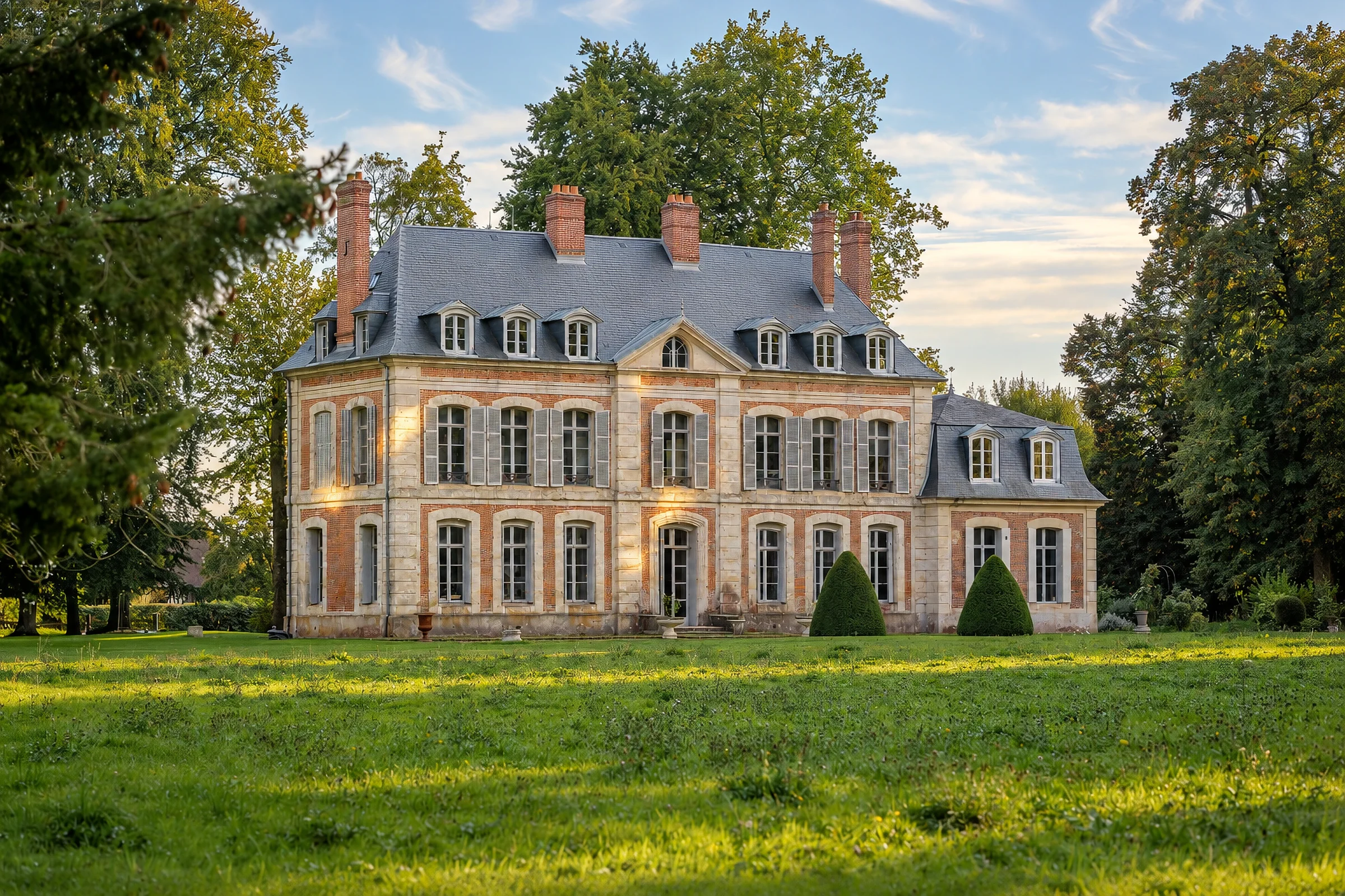 Façade principale du château et ses abords engazonnés.