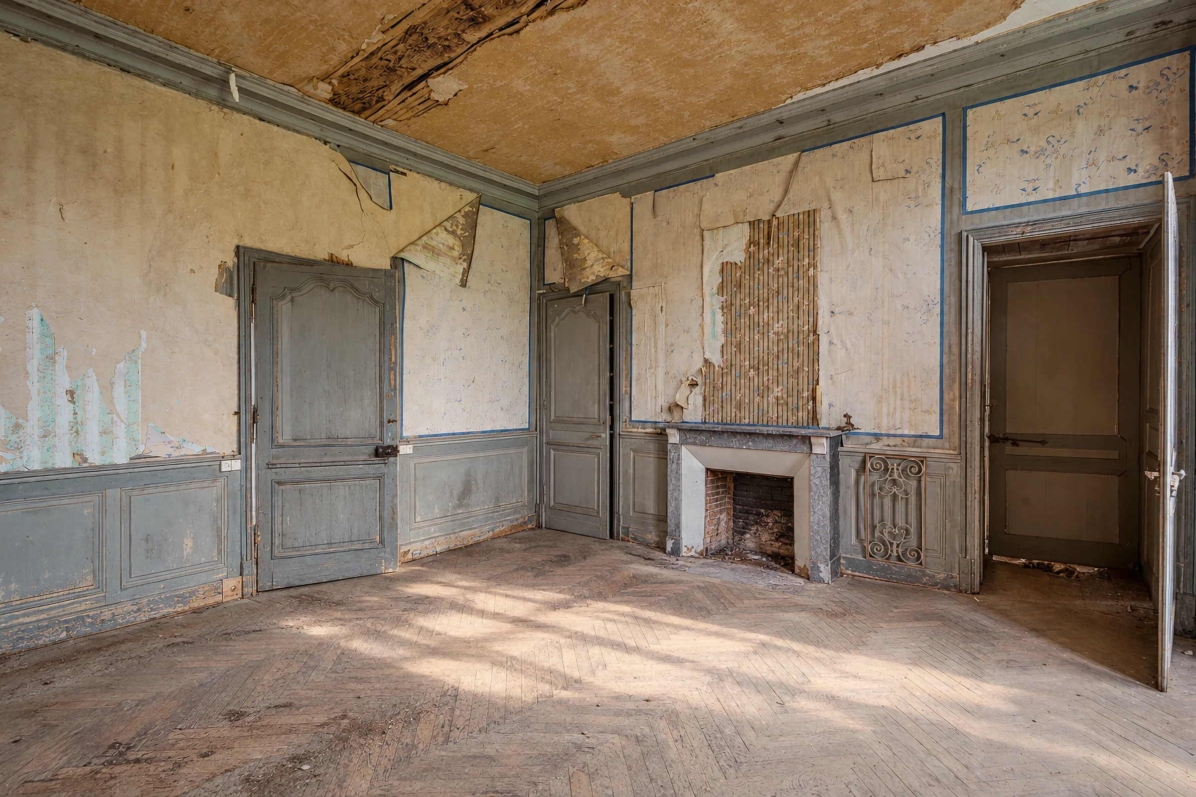 Chambre avec cheminée en marbre d'aspect.