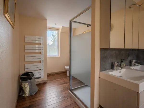 Salle d'eau avec douche vitrée et sèche-serviettes.