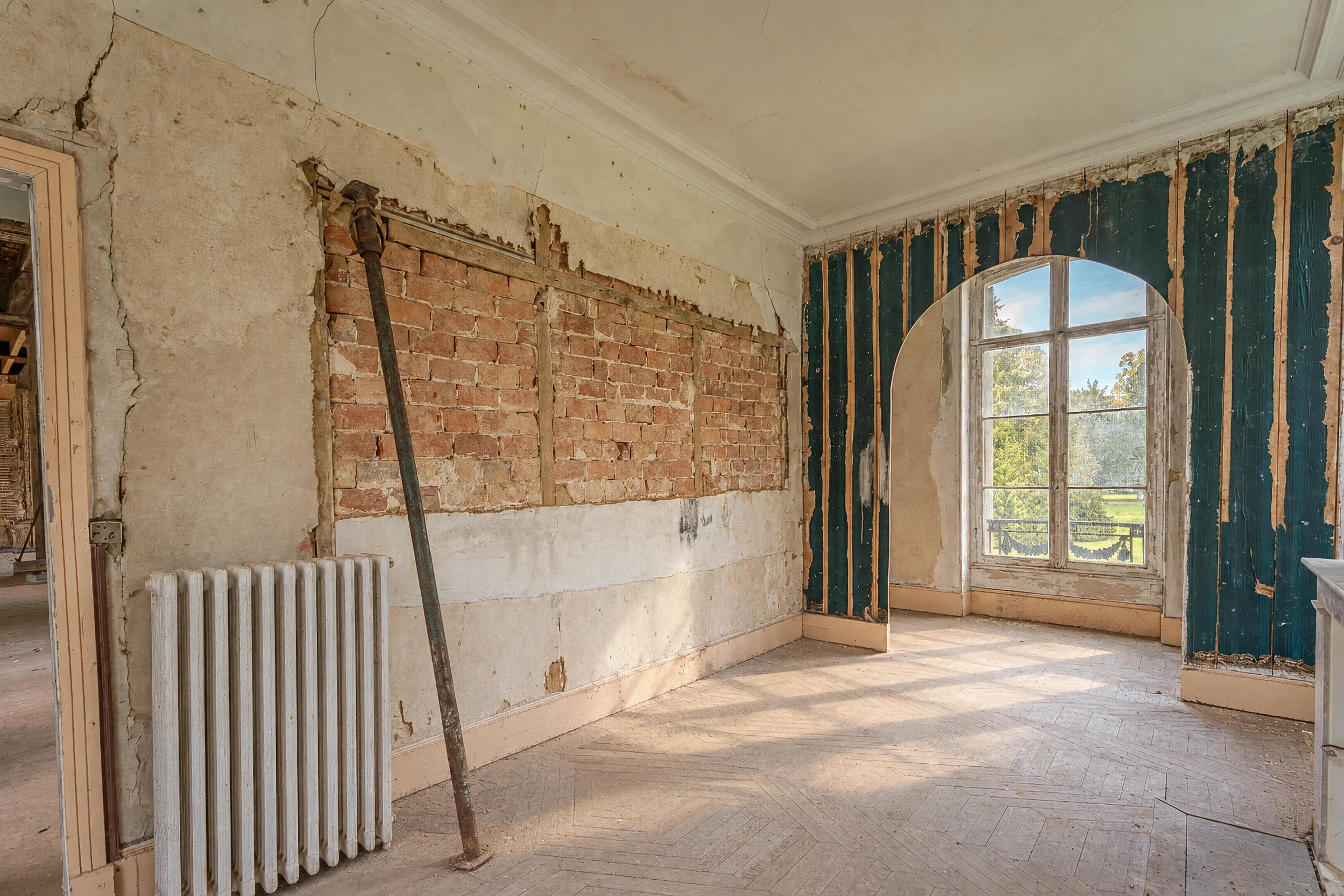 Chambre en cours de restauration, mur de briques mis à nu et vue sur le parc.