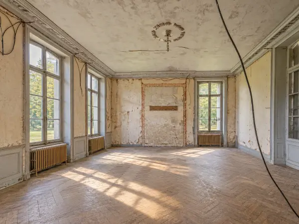 Grand salon avec rosace et emplacement d'ancienne cheminée.