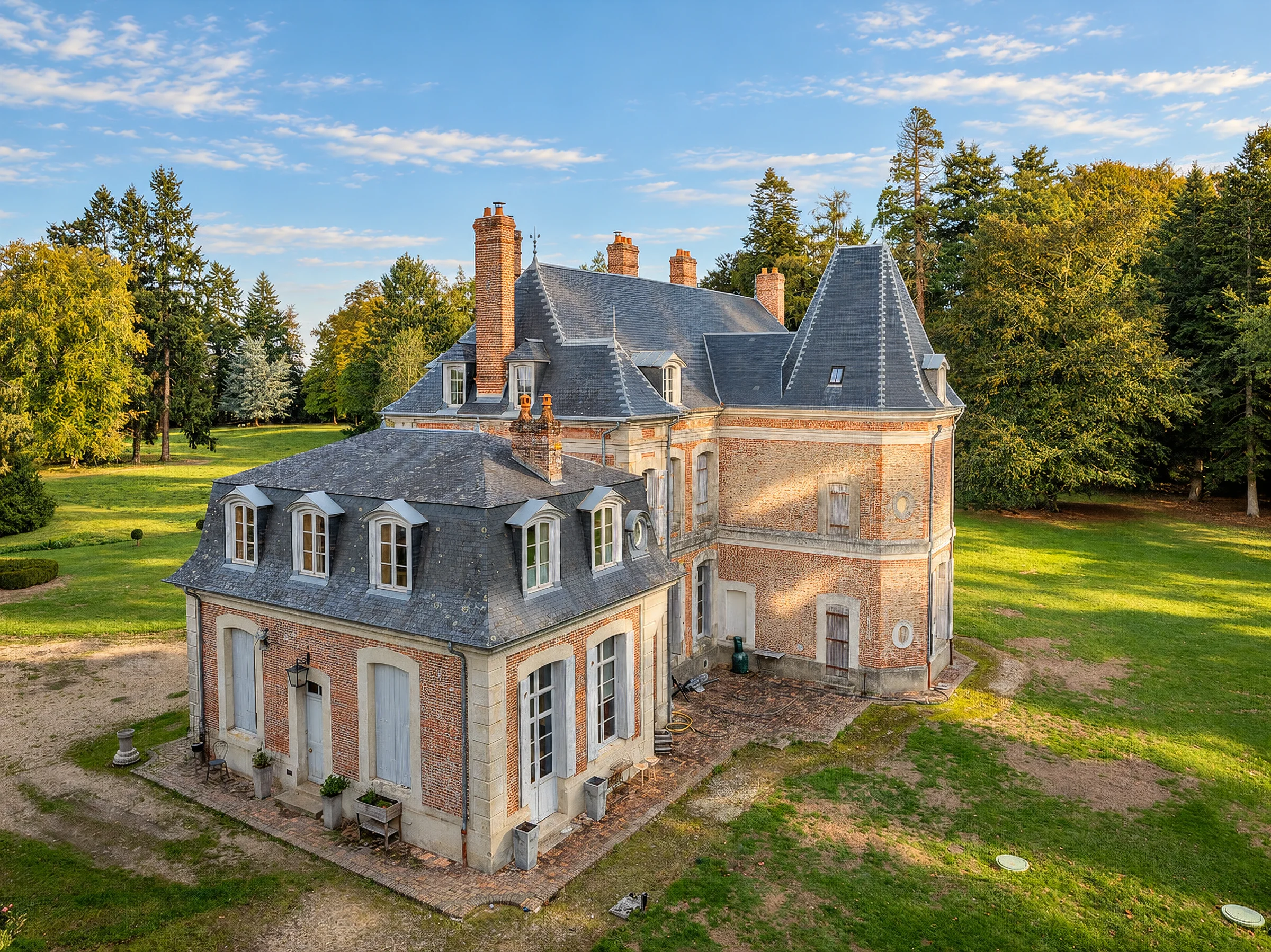 Vue aérienne rapprochée de la façade arrière sud du château et de son extension 19e.