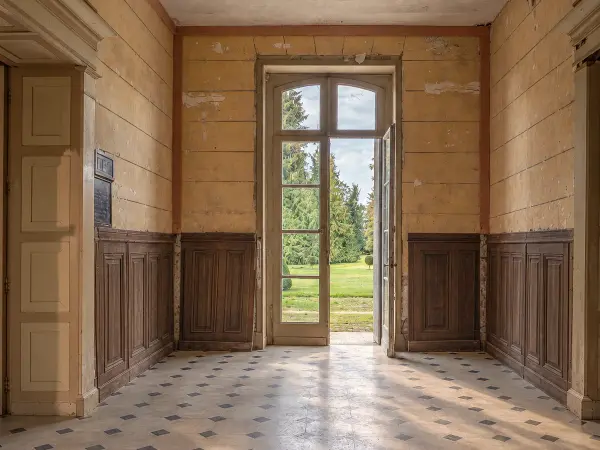 Entrée ouvrant par une porte cintrée sur le parc.