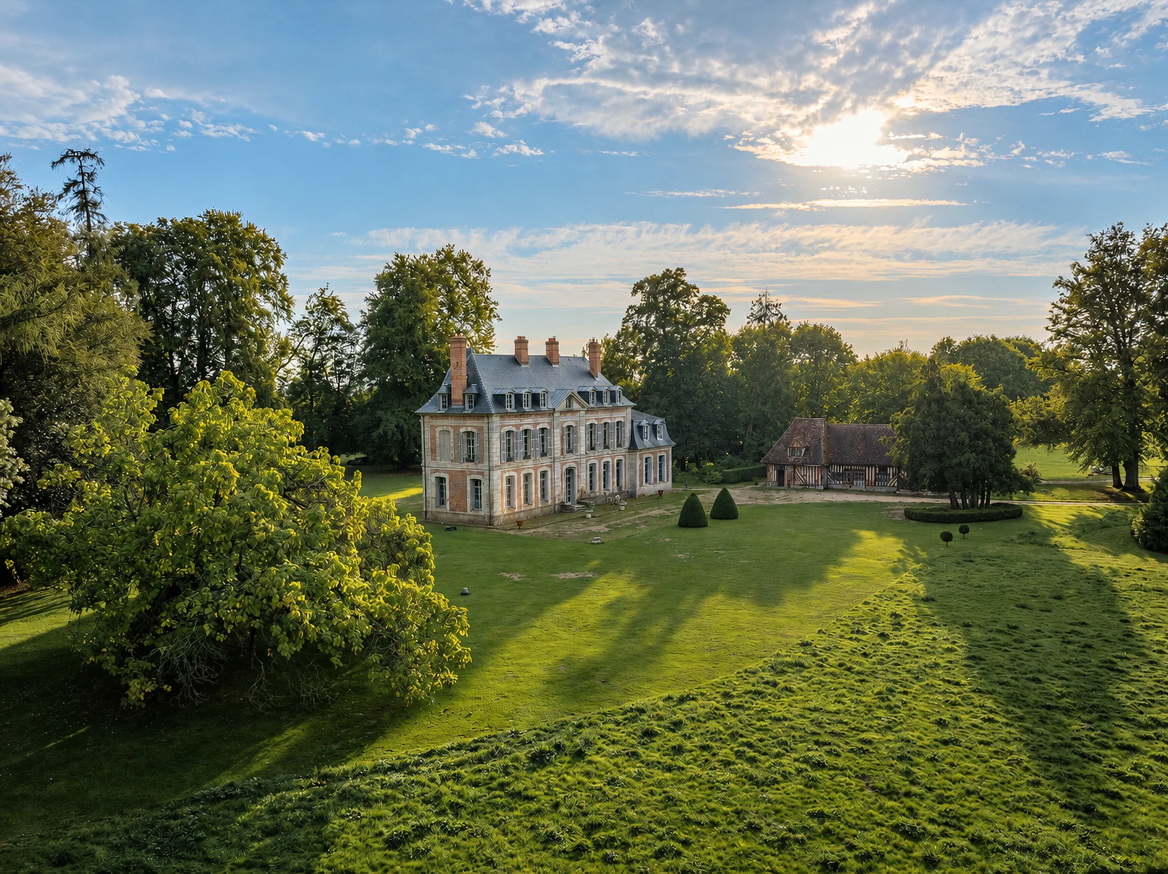 Vue aérienne du château et de sa dépendance.