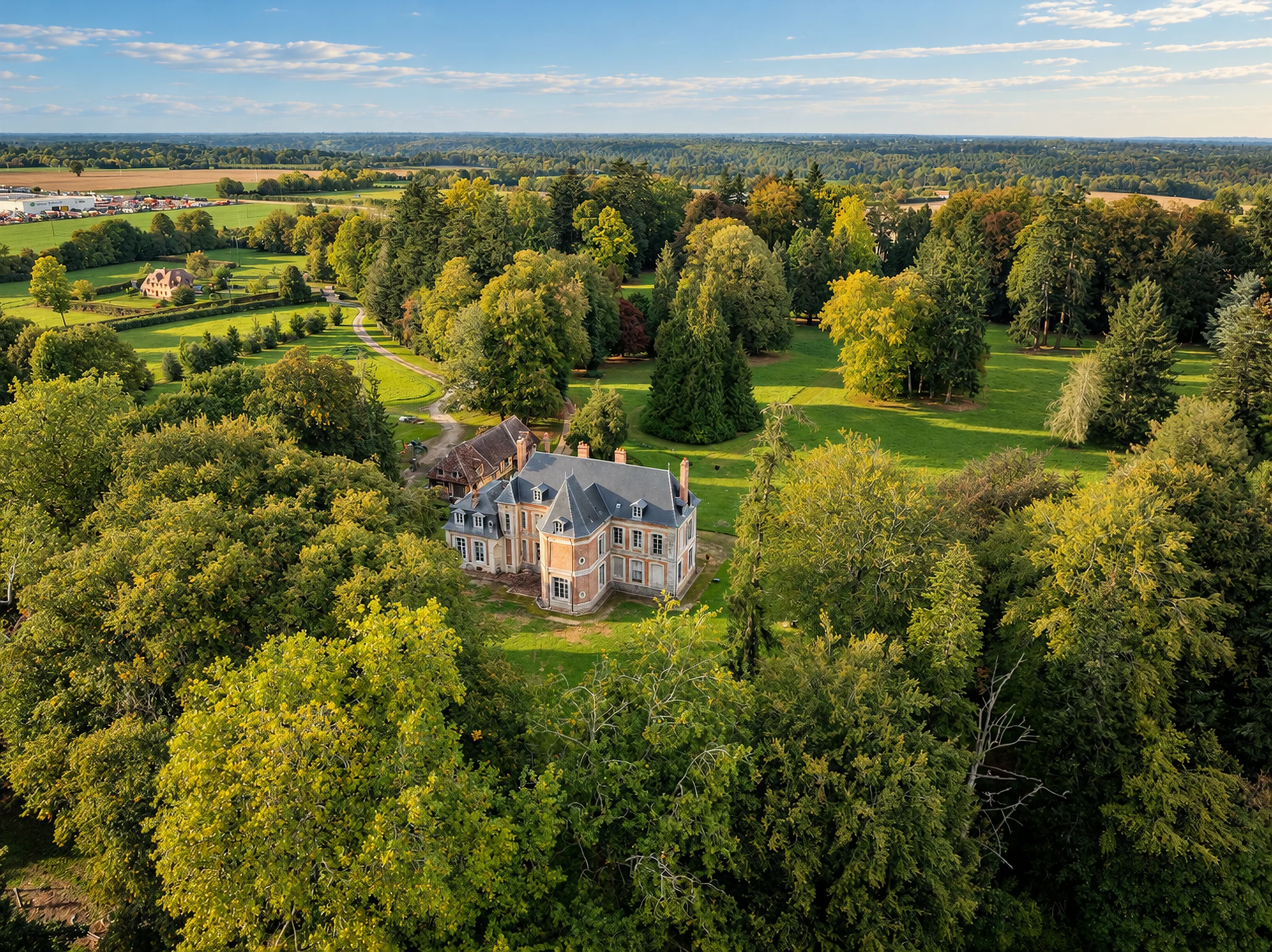 Le château dans son parc, vu du ciel.