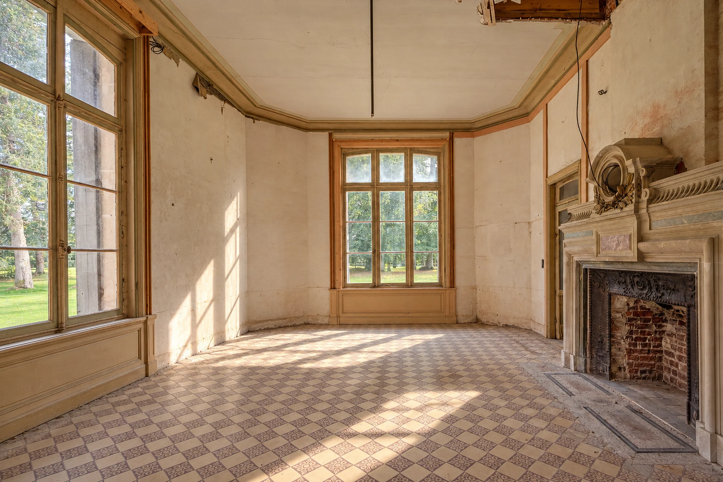 Petit salon avec cheminée sculptée et vue sur le parc.