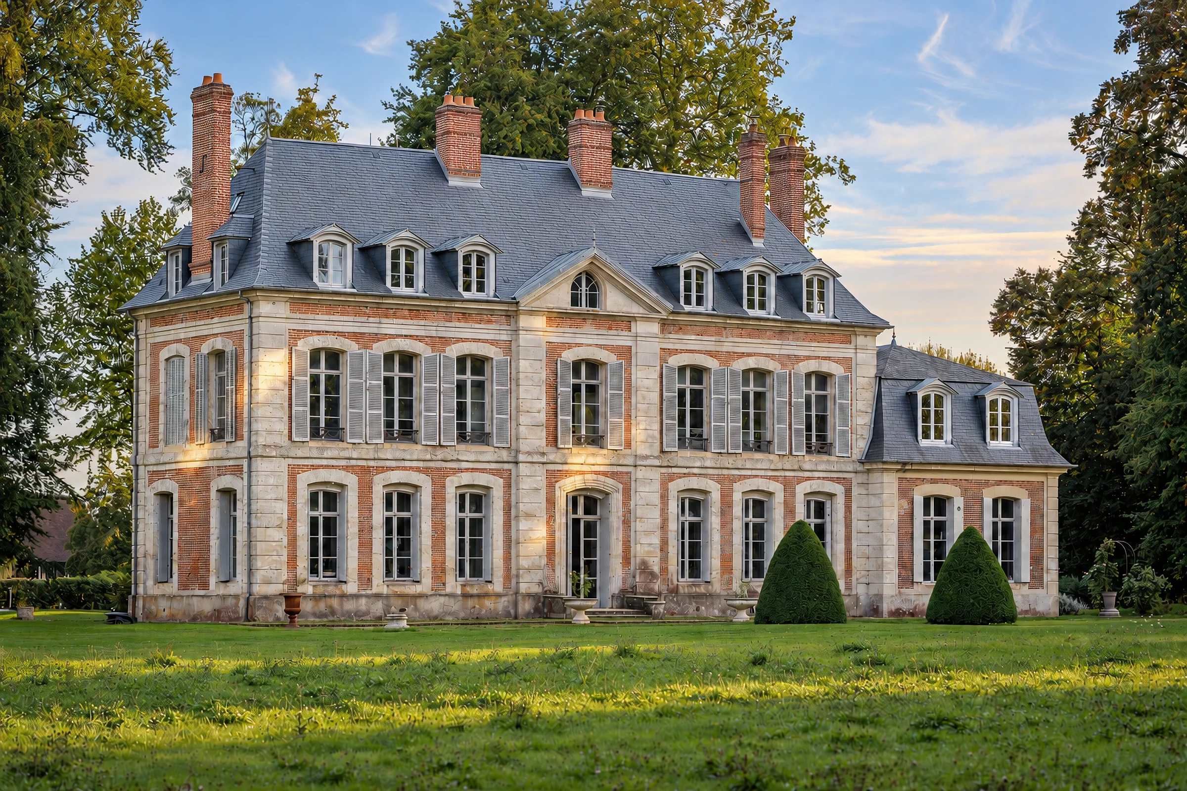 Façade principale, pierre et brique alternées, toiture à lucarnes.