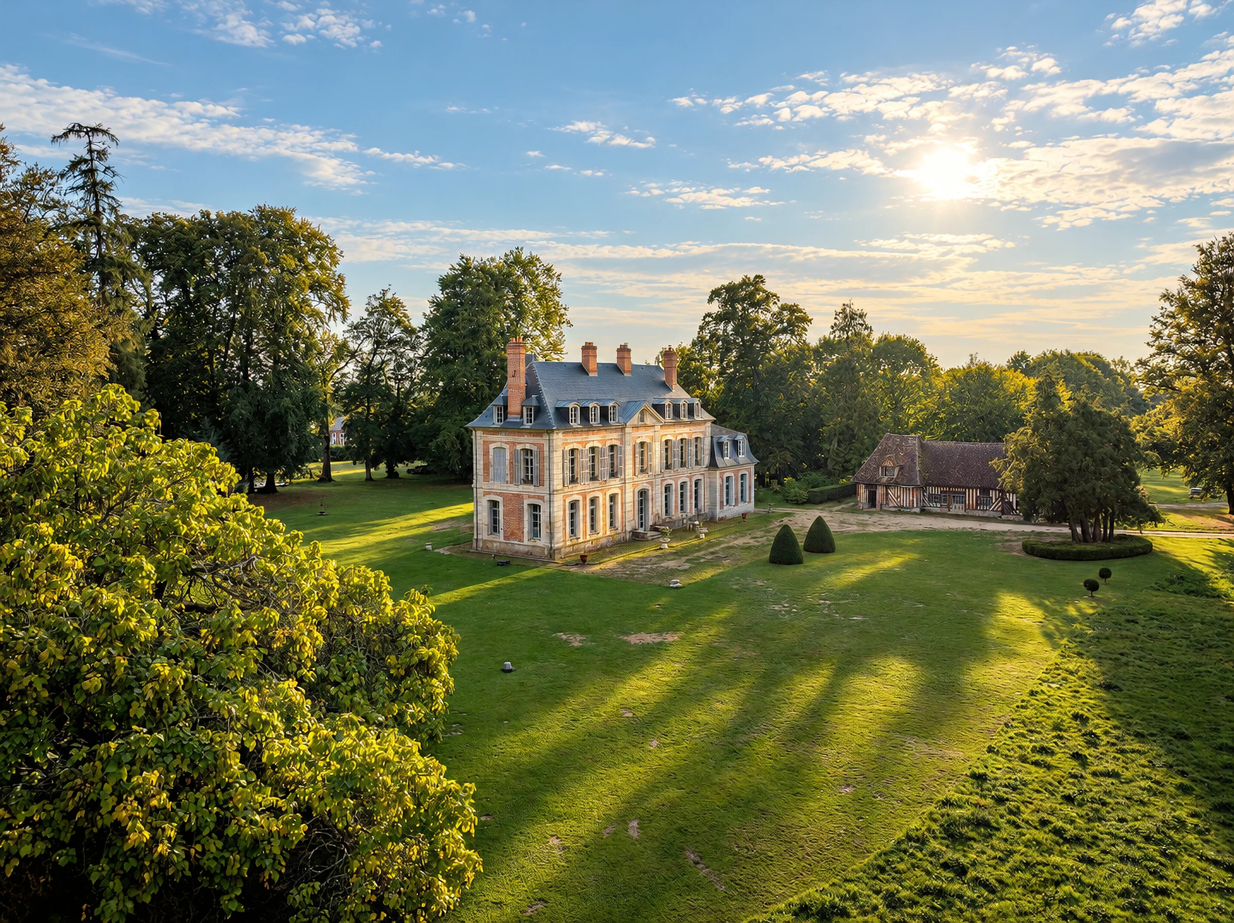 Le château et sa dépendance, vus depuis les airs.