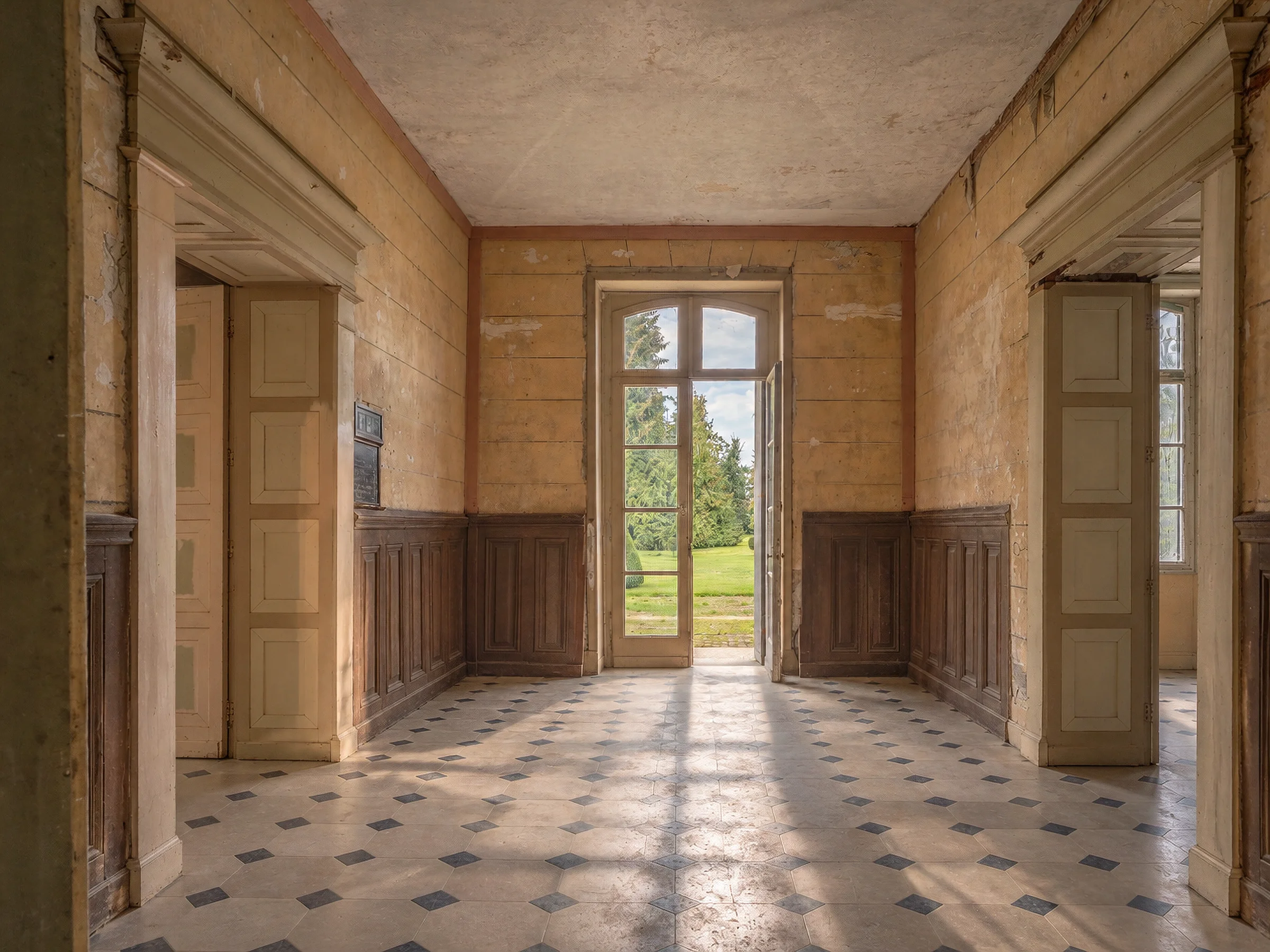 Entrée traversante, sol en cabochon et porte d'entrée ouvrant sur le parc.