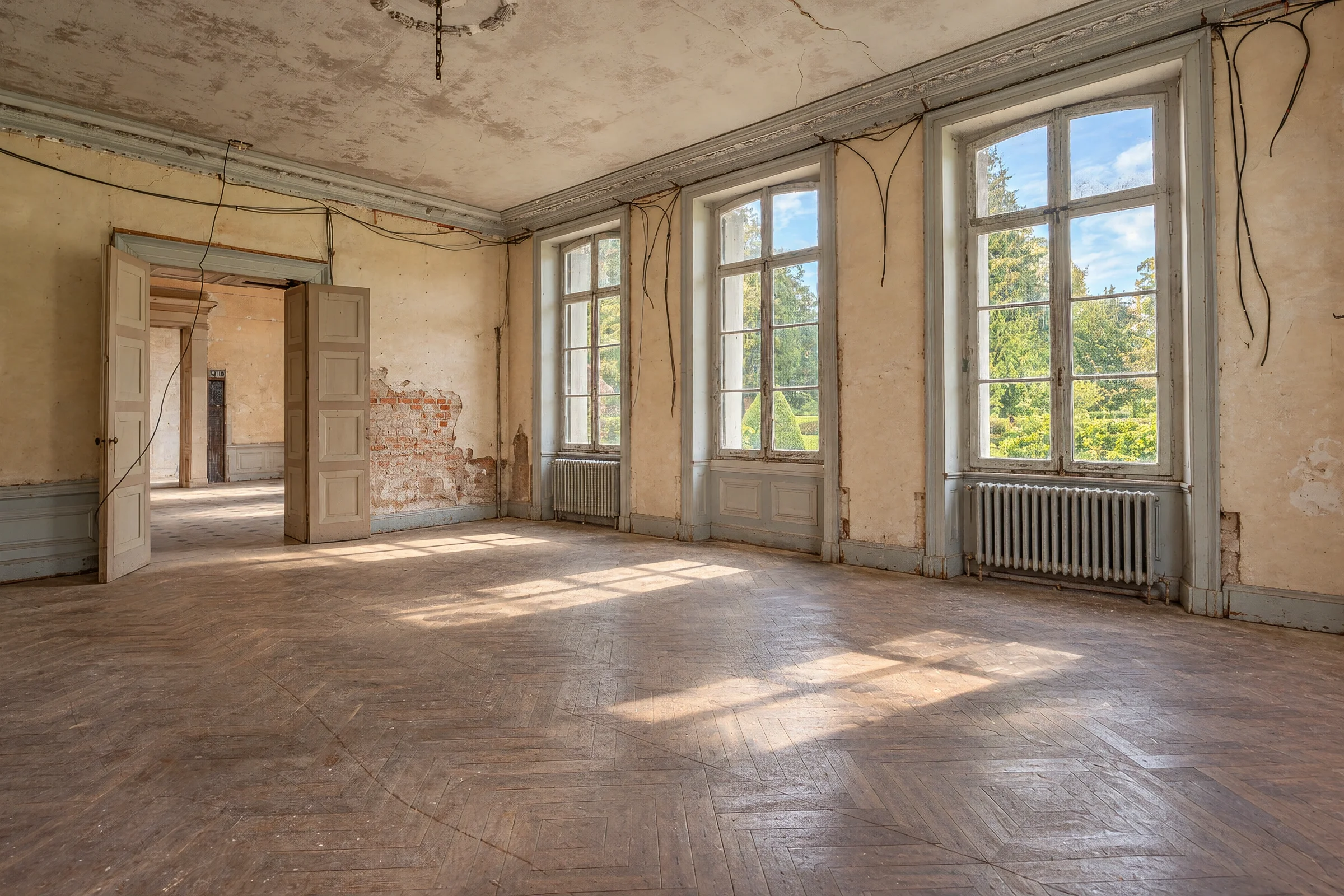 Grand salon ouvert sur le parc, parquet à chevrons et moulures.
