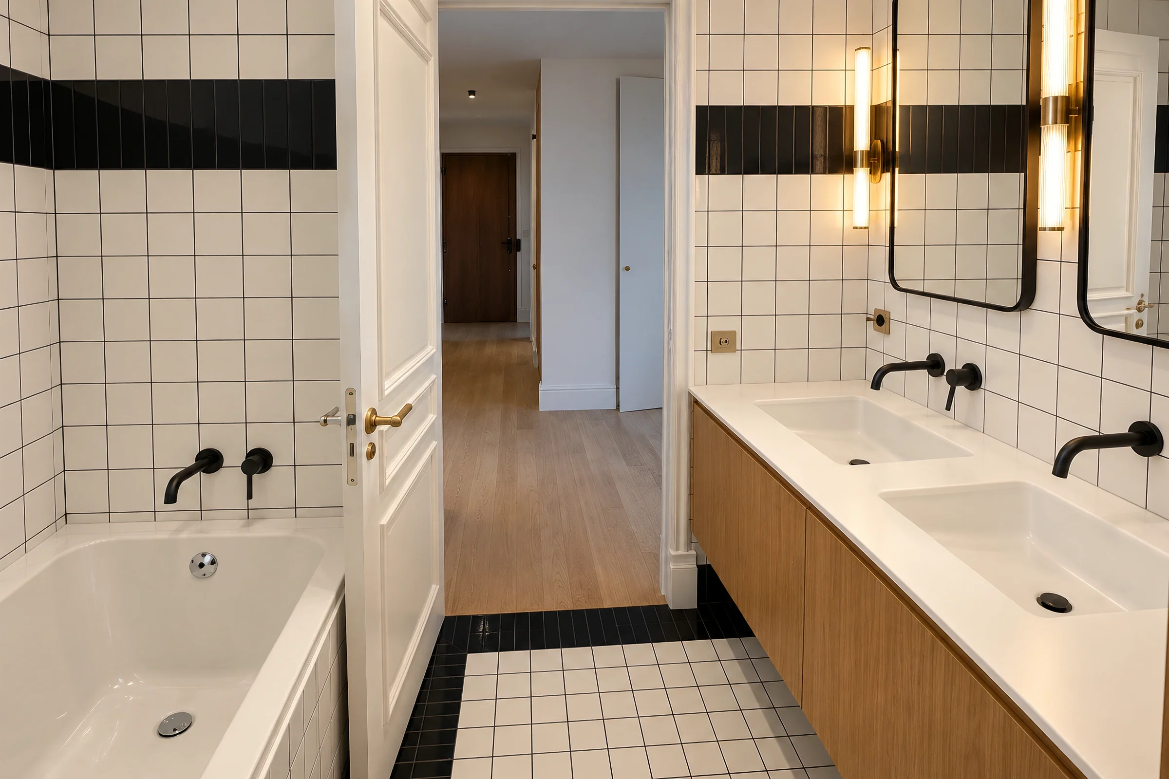 Salle de bains carrelée, baignoire et double vasque en enfilade.
