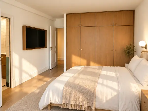 Chambre avec rangements intégrés en bois et accès à une salle de bains attenante.