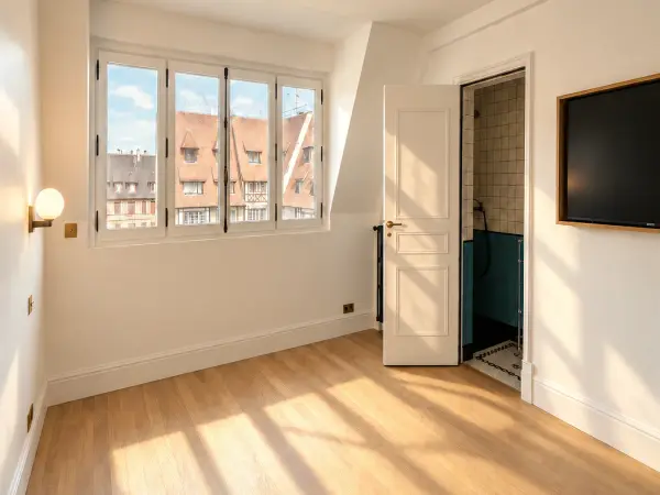 Chambre au parquet clair, fenêtre sur les toits.