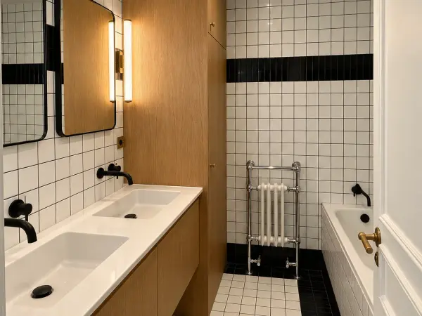 Salle de bains à carrelage blanc avec frise noire, double vasque et sèche-serviettes.