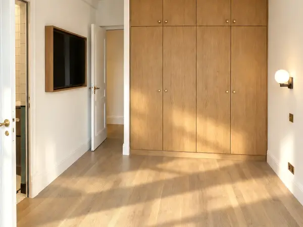 Chambre avec rangements intégrés en bois clair.