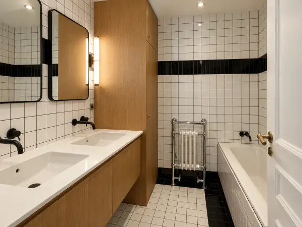 Salle de bains carrelée, double vasque et baignoire encastrée.