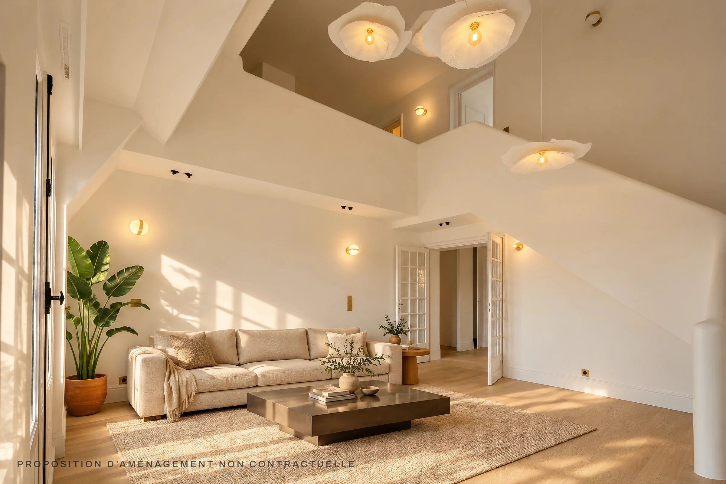 Salon du 1er niveau en double hauteur ouvrant sur la mezzanine, lumière traversante.