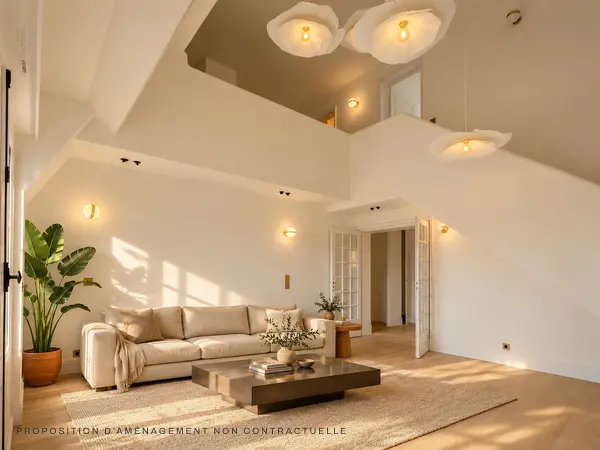 Salon du 1er niveau en double hauteur ouvrant sur la mezzanine, lumière traversante.