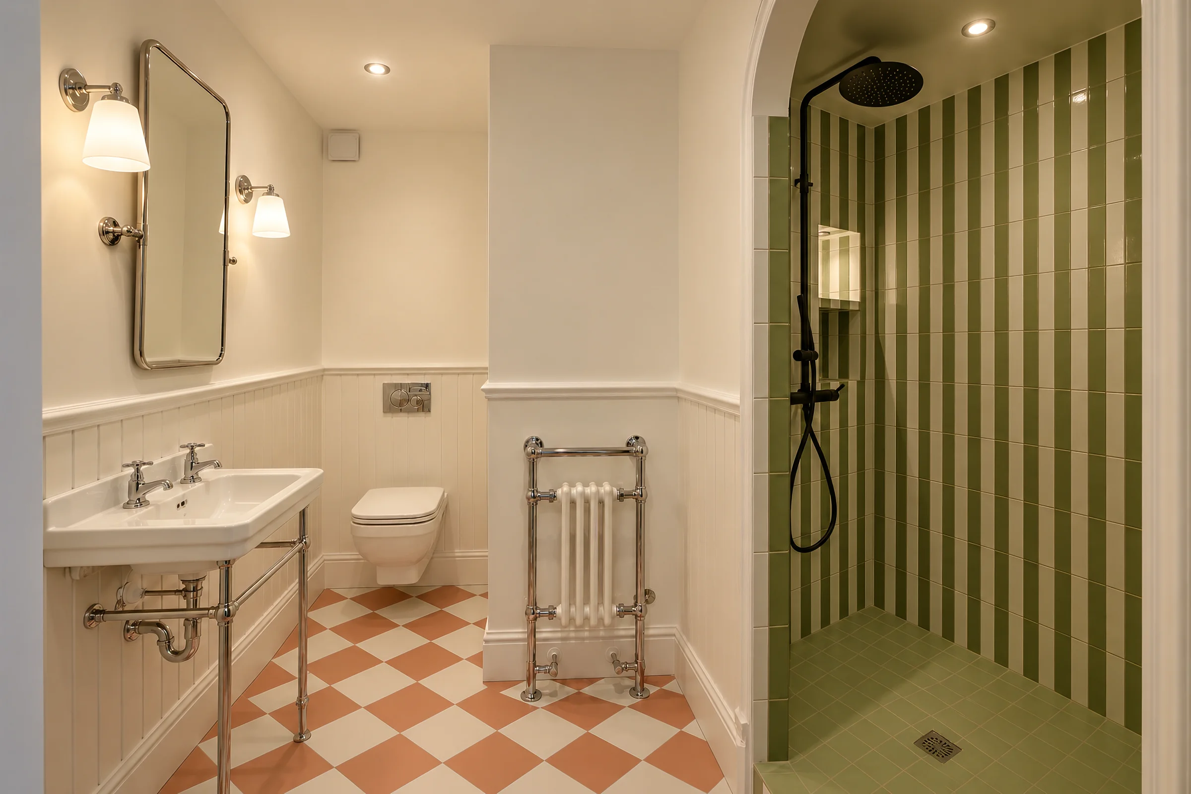 Salle de bains ouverte sur une douche carrelée de rayures vertes.