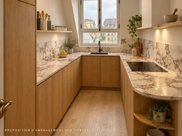Cuisine équipée en U, plan de travail veiné et vue sur les toits.