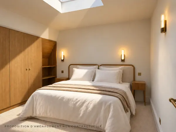 Chambre du 2e niveau, lumière naturelle zénithale et rangements sur mesure.