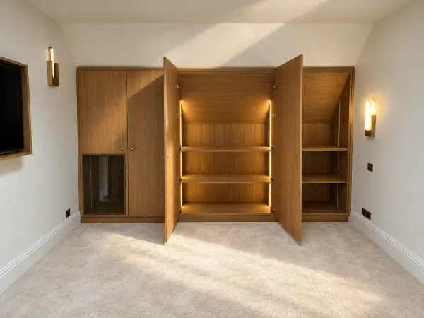 Rangement sur mesure avec portes ouvertes sur étagères.